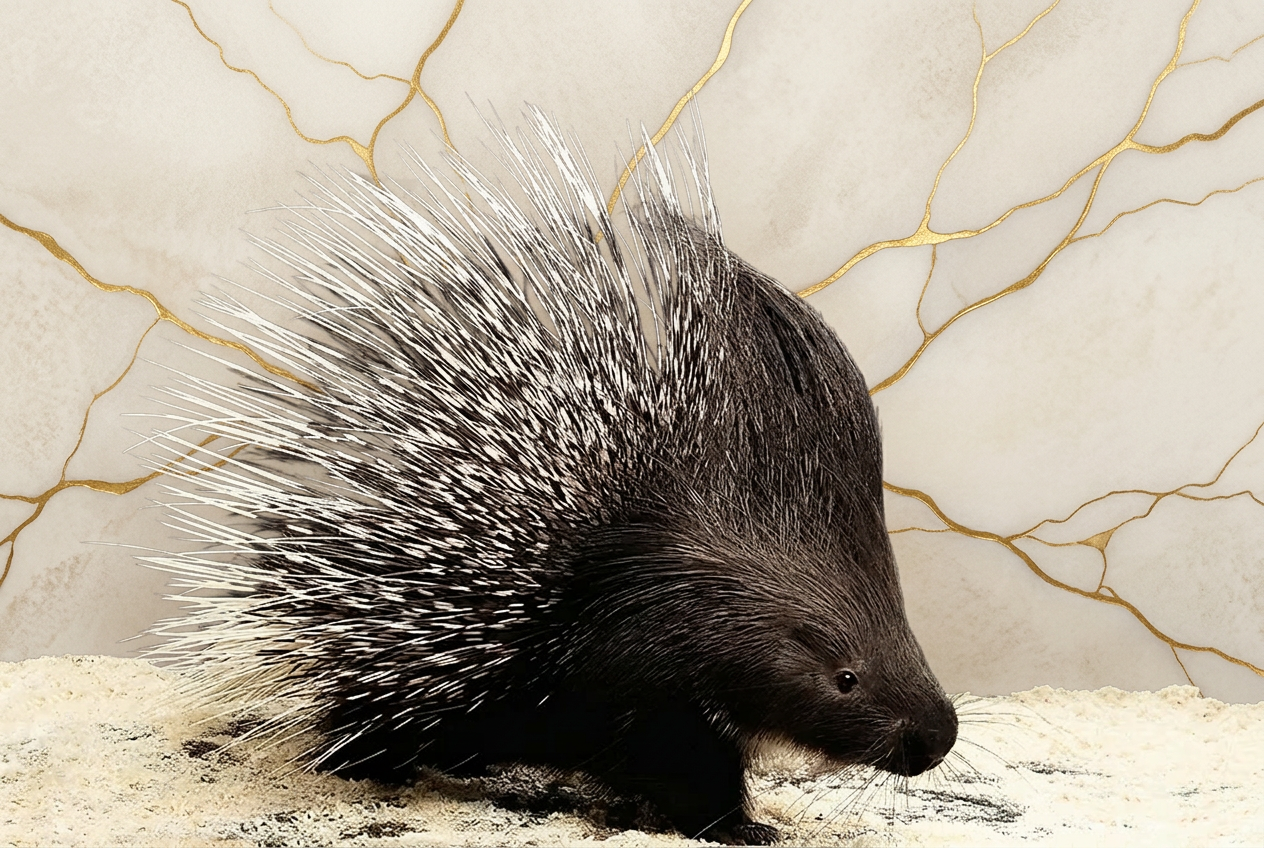 Porcupine standing resilient against a warm ivory backdrop traced with kintsugi gold veins