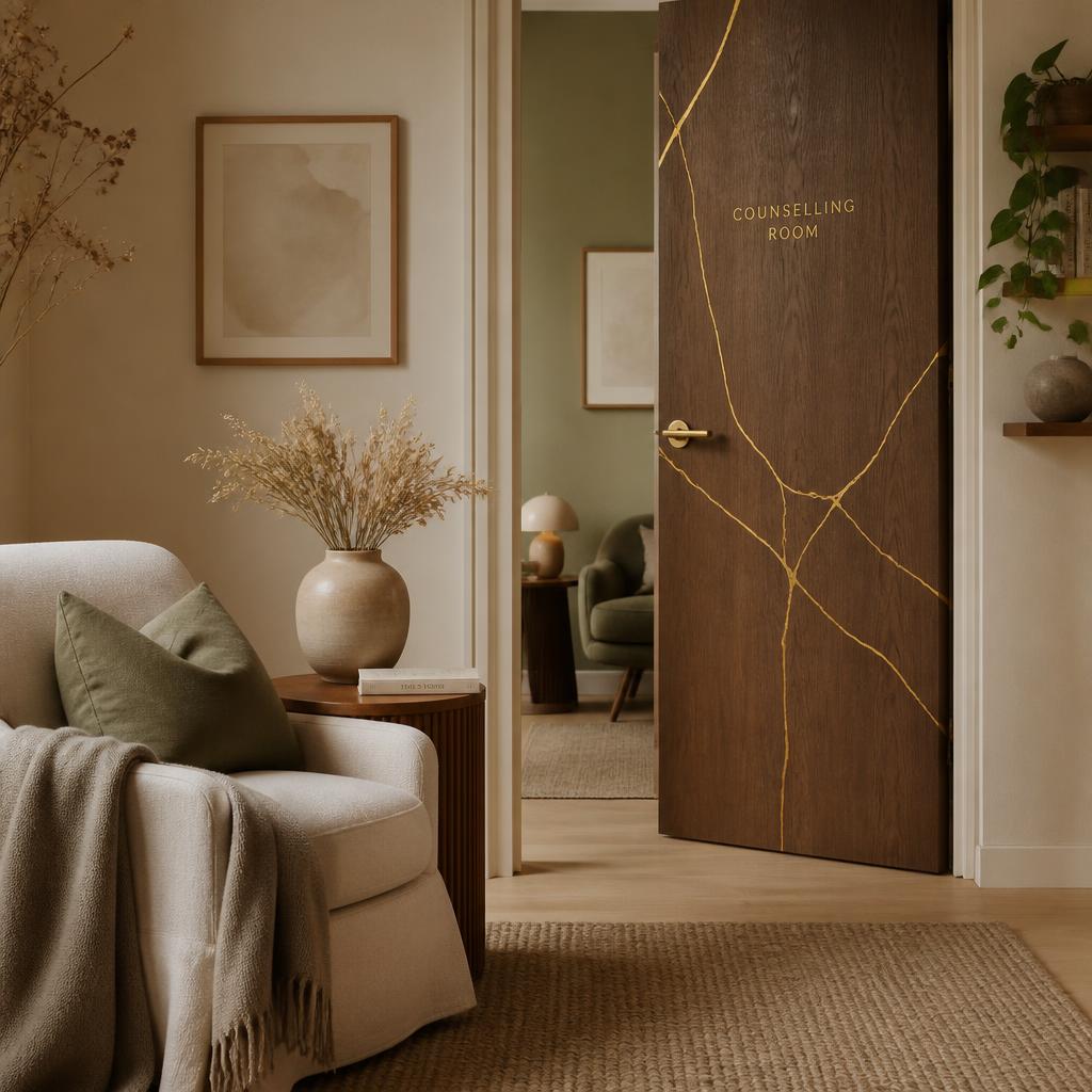 A warm, softly lit counselling waiting room with a linen armchair, dried botanicals and a wooden door traced with gold kintsugi veins leading into the counselling room.