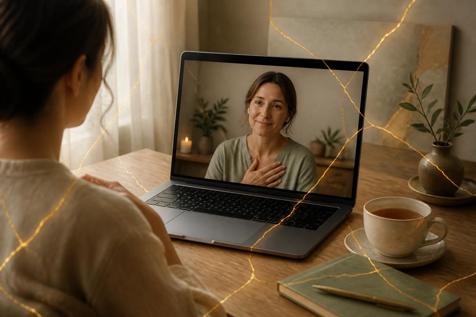 A woman in a softly lit room speaking with her counsellor on a laptop, with delicate veins of gold tracing across the scene like kintsugi.